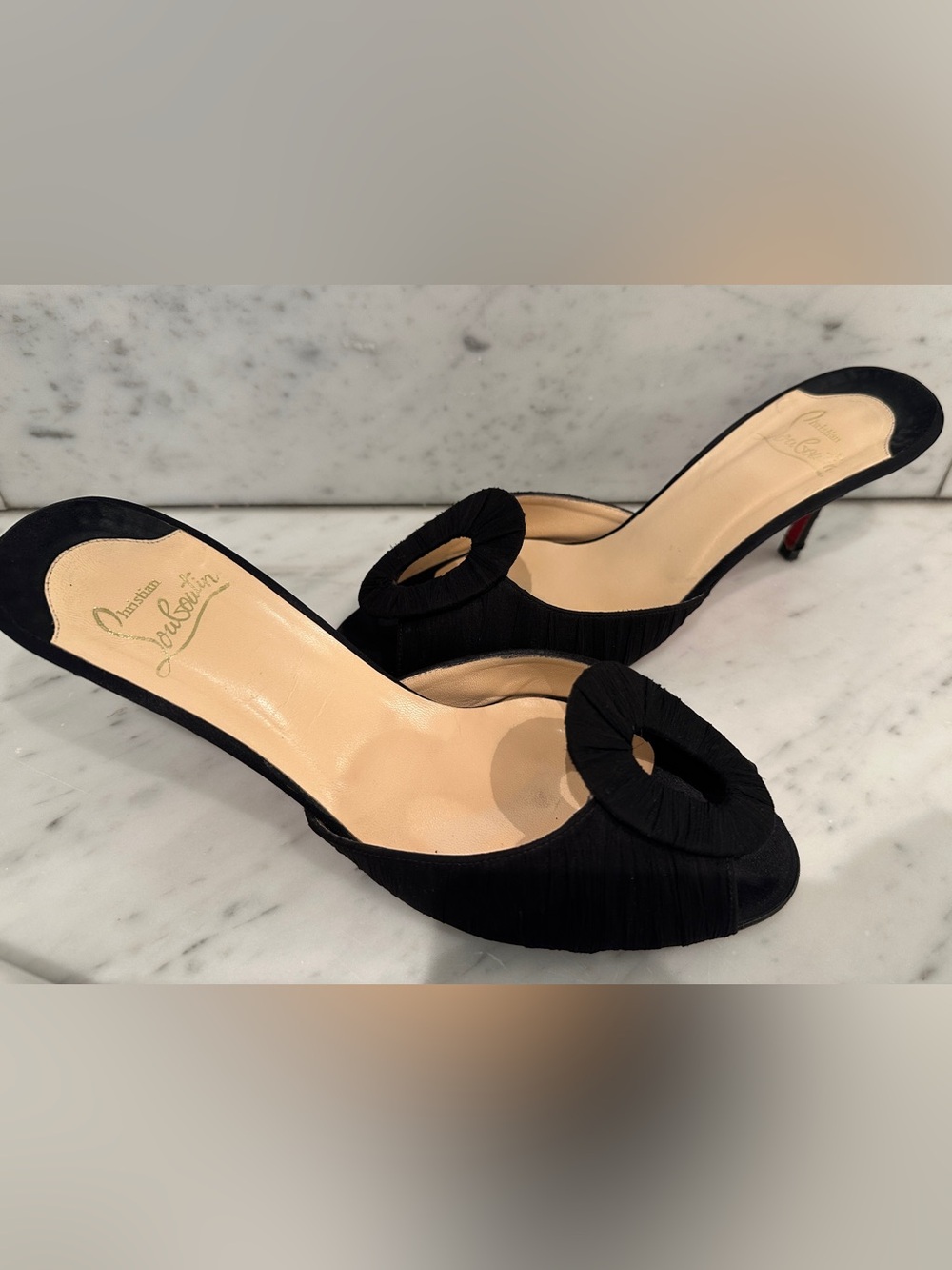 Vintage Christian Louboutin Black Silk Oval Peep Toe Mule Heels EU 40.5 Red Sole - Picture 2 of 7
